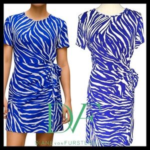 Diane von Furstenberg Blue/White Zebra Crew Neck Short Sleeve Wrap Dress (8)